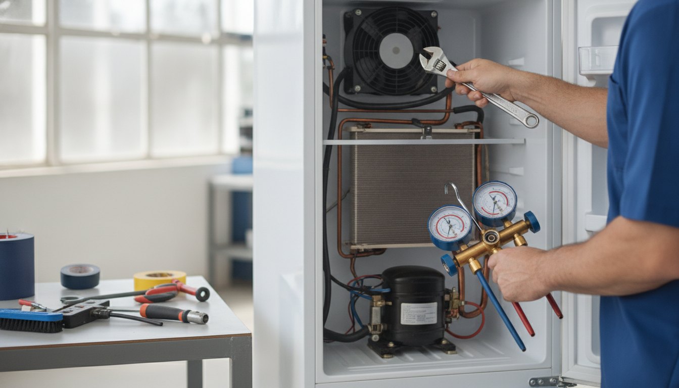 Profissional segurando ferramentas enquanto avalia o motor de um refrigerador branco próximo a uma mesa.