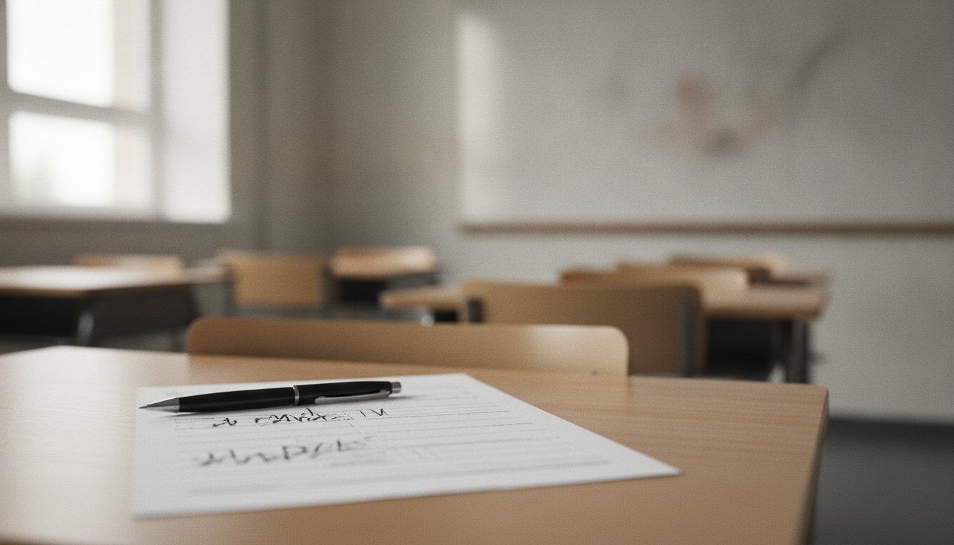 Candidato preenchendo formulário de prova com caneta preta sobre a mesa de uma sala de aula.