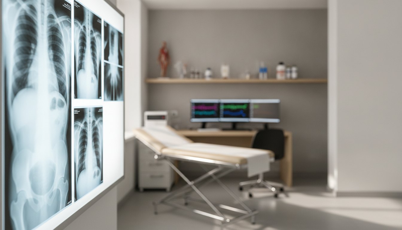 Médico examinador analisando radiografias em um consultório claro com equipamentos ao fundo.