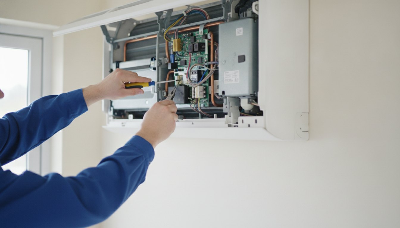 Técnico uniformizado inspecionando o painel interno de um ar-condicionado de parede utilizando ferramentas manuais.