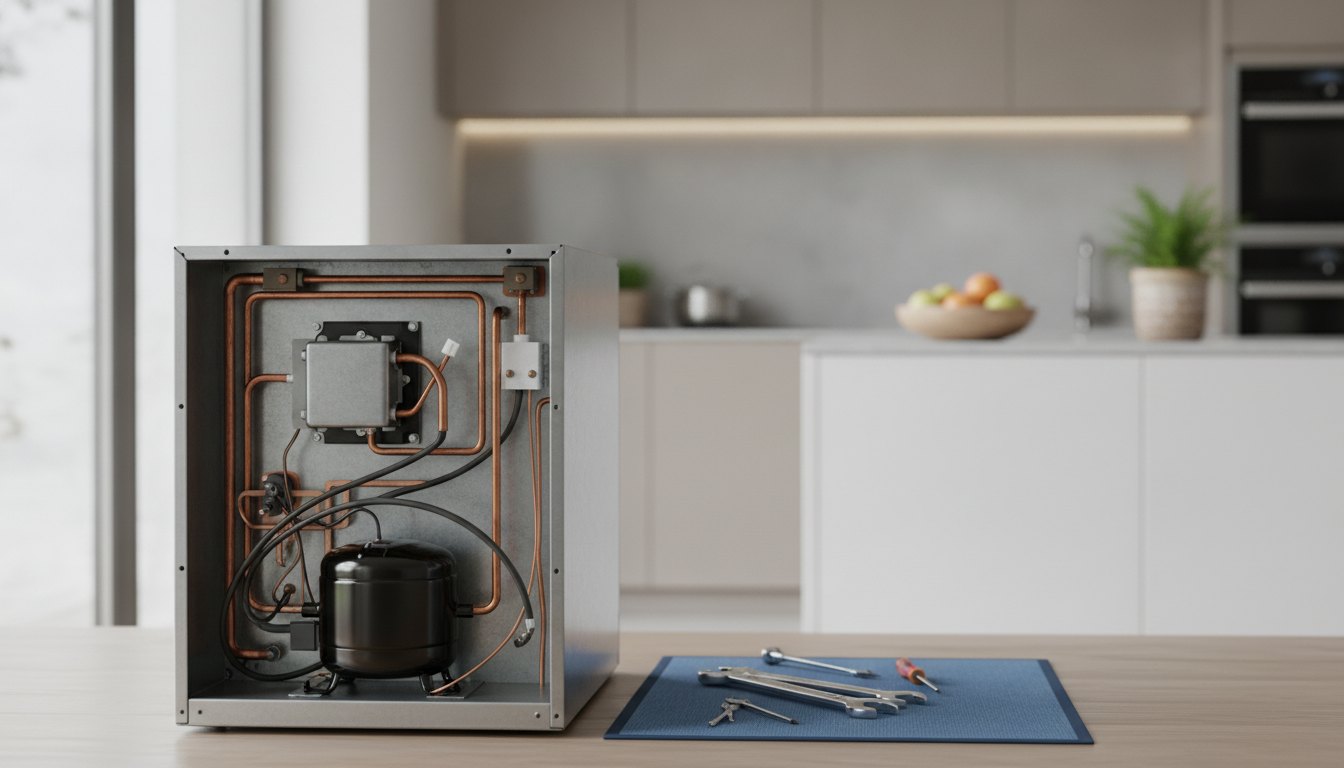 Técnico inspecionando o motor de um eletrodoméstico de refrigeração em uma cozinha residencial.