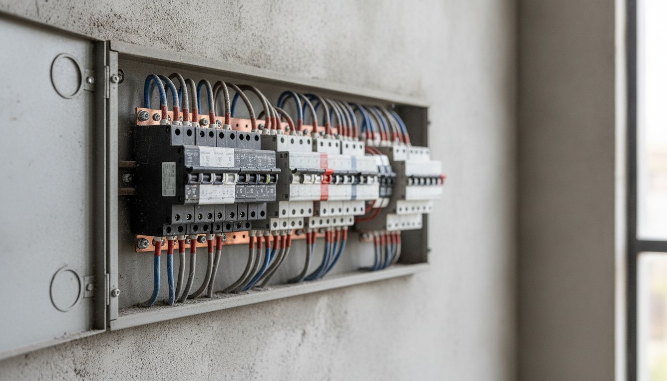 Quadro de distribuição elétrico aberto com disjuntores lado a lado na parede.