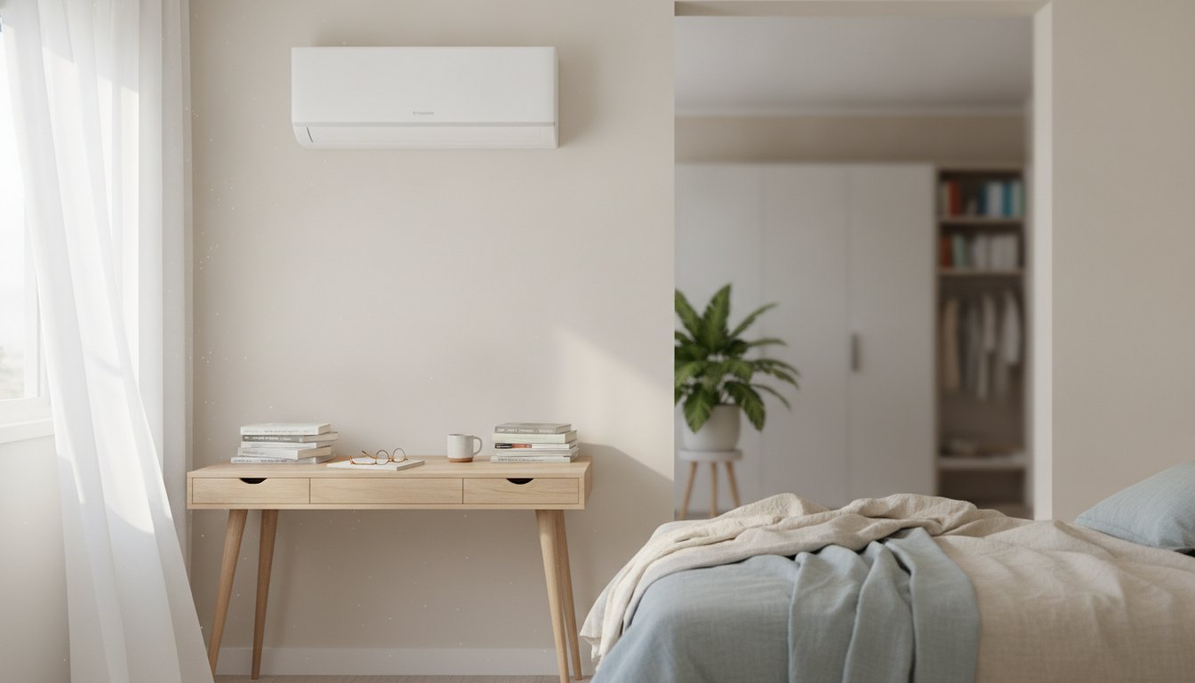 Ar-condicionado branco instalado na parede de um quarto claro com livros sobre a mesa.