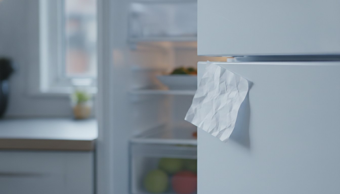Porta de um refrigerador branco entreaberta com papel preso na borracha.