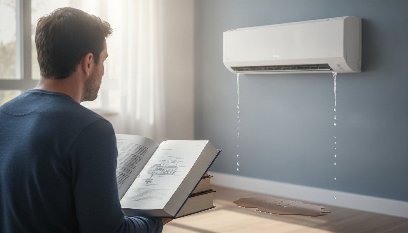 Homem com livros de estudo olhando preocupado para um ar condicionado pingando na parede.