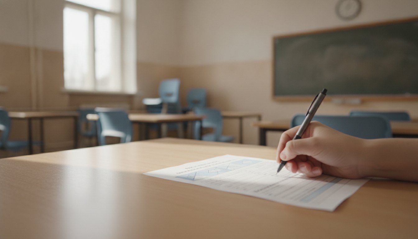 Candidato preenchendo formulário de avaliação psicológica em uma mesa de sala de aula iluminada.