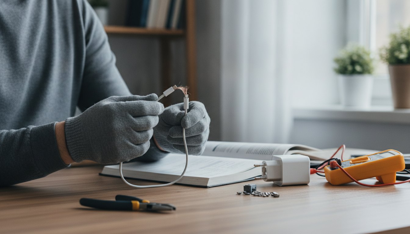 Pessoa analisando o cabo de um carregador de celular ao lado de uma mesa de estudos