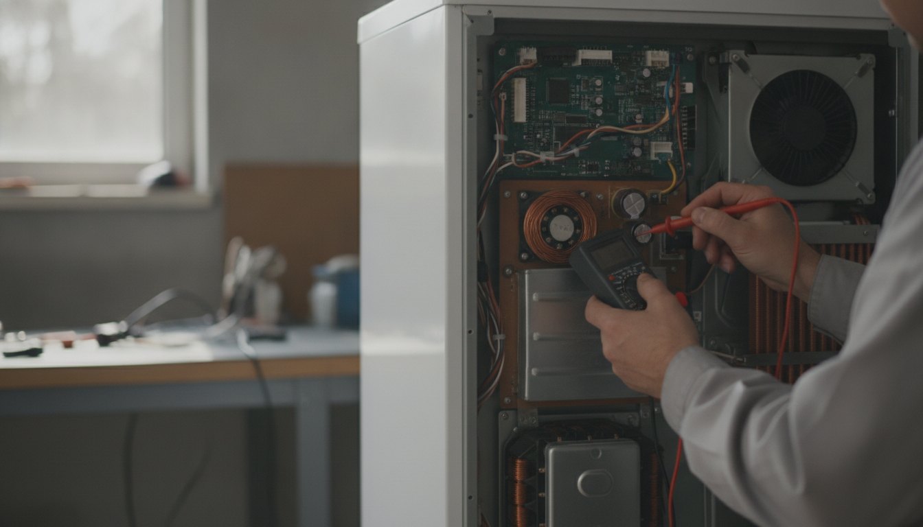 Homem segurando multímetro e medindo componentes elétricos na parte traseira de um eletrodoméstico branco.