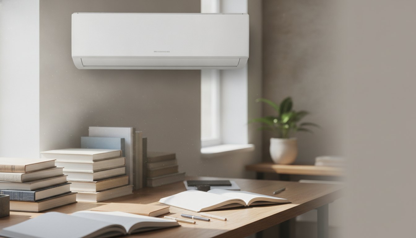 Aparelho de ar-condicionado branco instalado na parede acima de uma mesa com livros e cadernos.