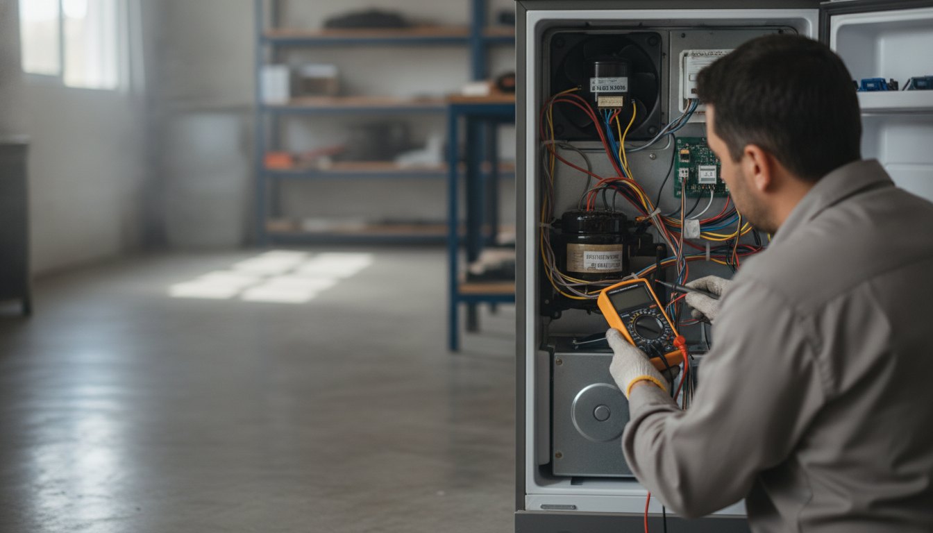 Homem focado segurando um multímetro enquanto analisa a parte traseira de um refrigerador doméstico.