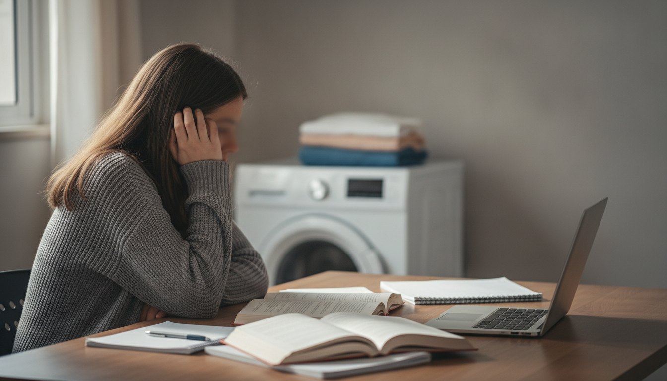 Estudante sentada à mesa com livros, olhando preocupada para uma máquina de lavar roupas ao fundo.