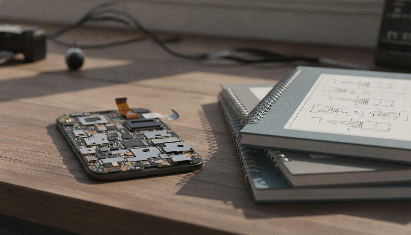 Placa eletrônica de um celular desmontado sobre uma mesa de madeira com apostilas de estudo.