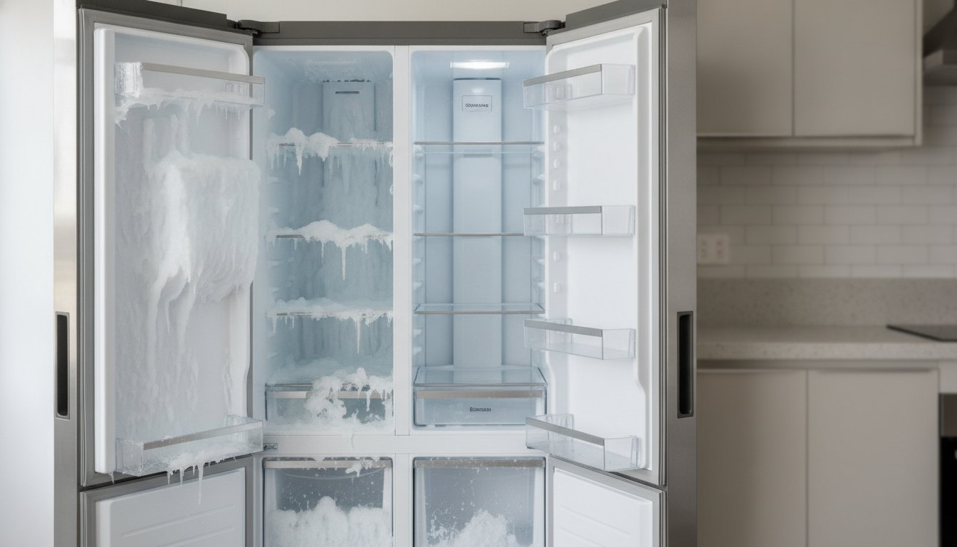 Geladeira com portas abertas exibindo excesso de gelo nas paredes do compartimento do congelador.