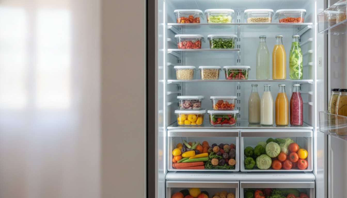 Interior de geladeira com alimentos organizados em potes transparentes e garrafas nas prateleiras iluminadas.