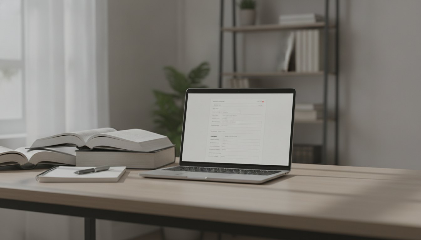 Candidato preenchendo formulário no computador com livros abertos sobre a mesa.