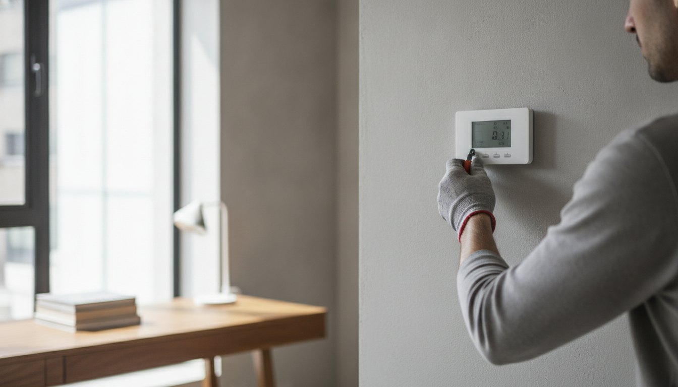 Homem ajustando o termostato de um ar-condicionado de parede em uma sala de estudos iluminada.