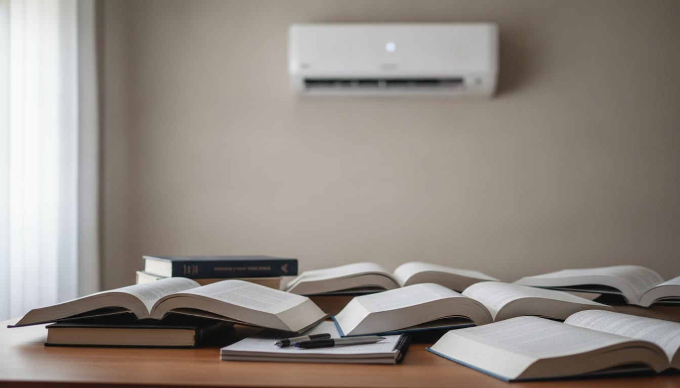 Estudante focado lendo livros em uma mesa com um ar-condicionado instalado na parede ao fundo