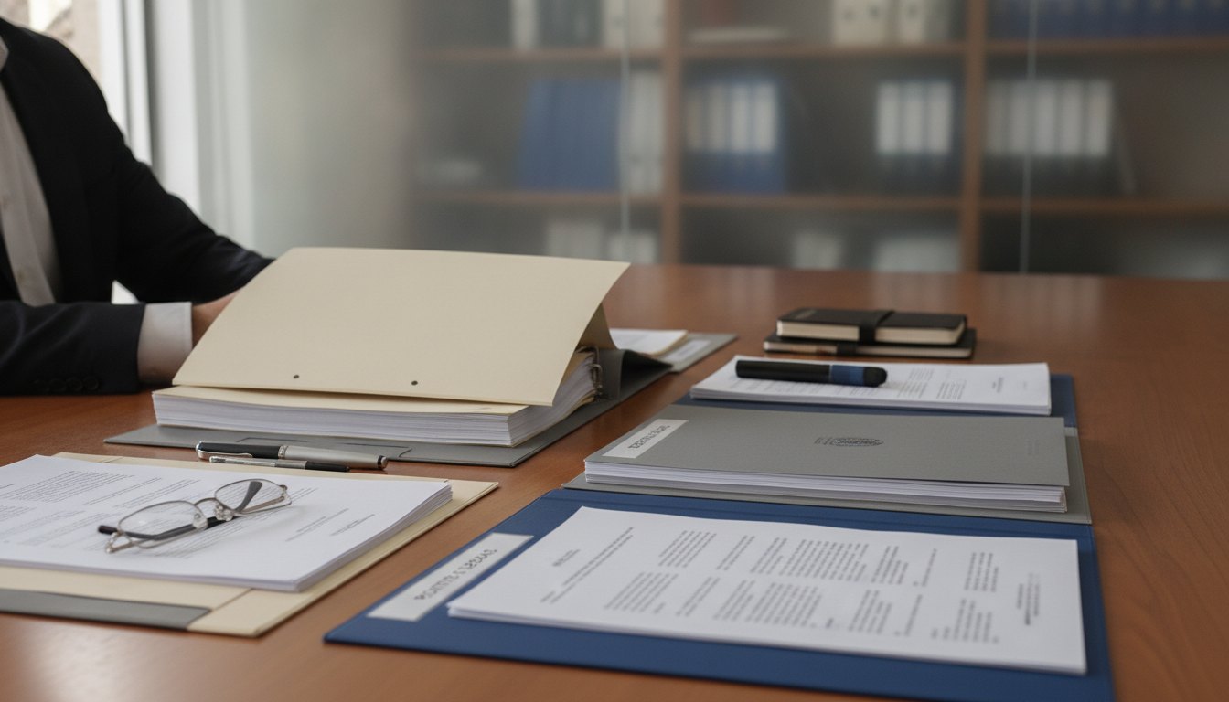 Homem de terno analisa documentos em uma mesa de escritório com pastas organizadas.