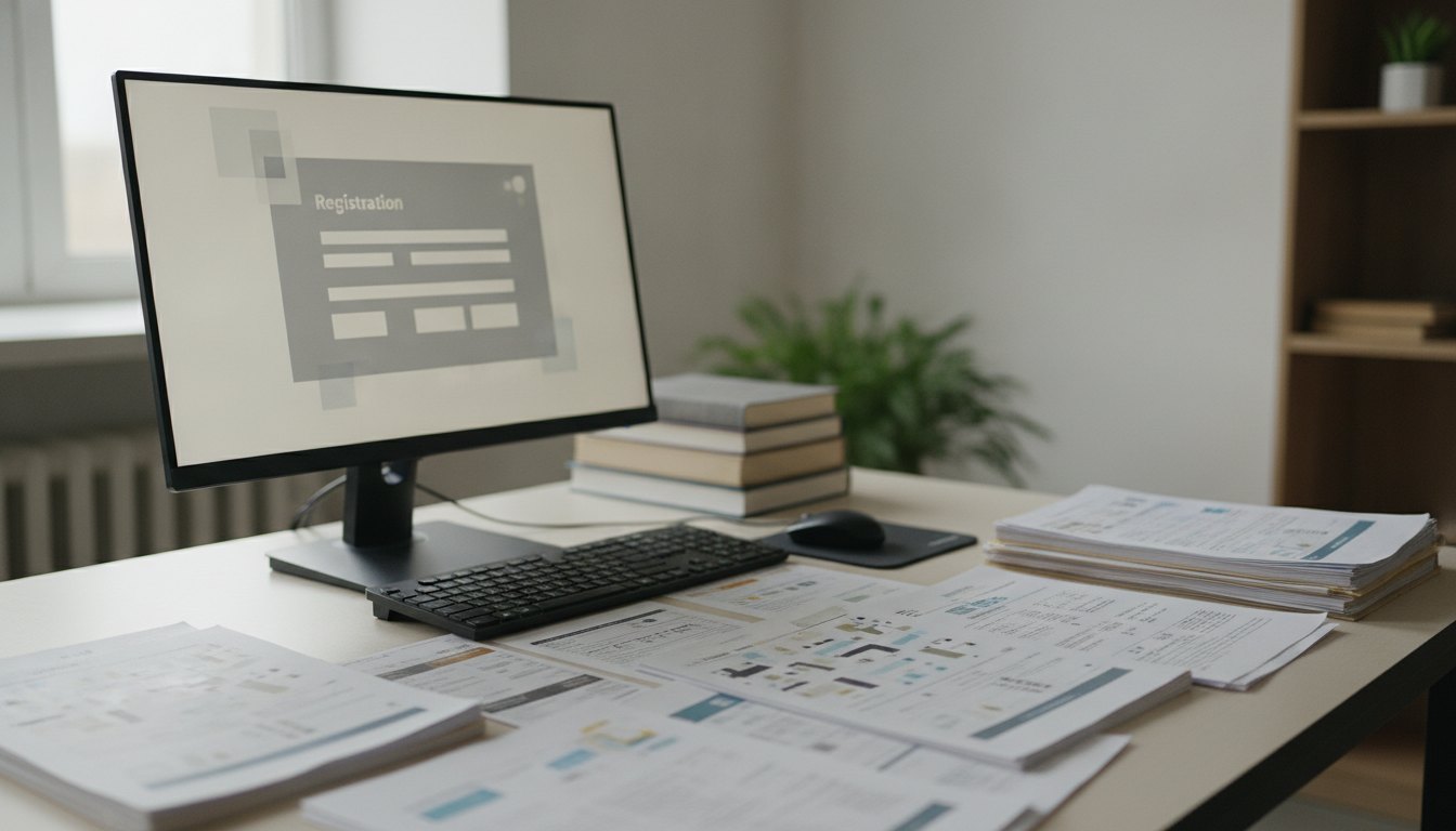 Candidato preenchendo formulário de inscrição em um computador com documentos espalhados sobre a mesa.