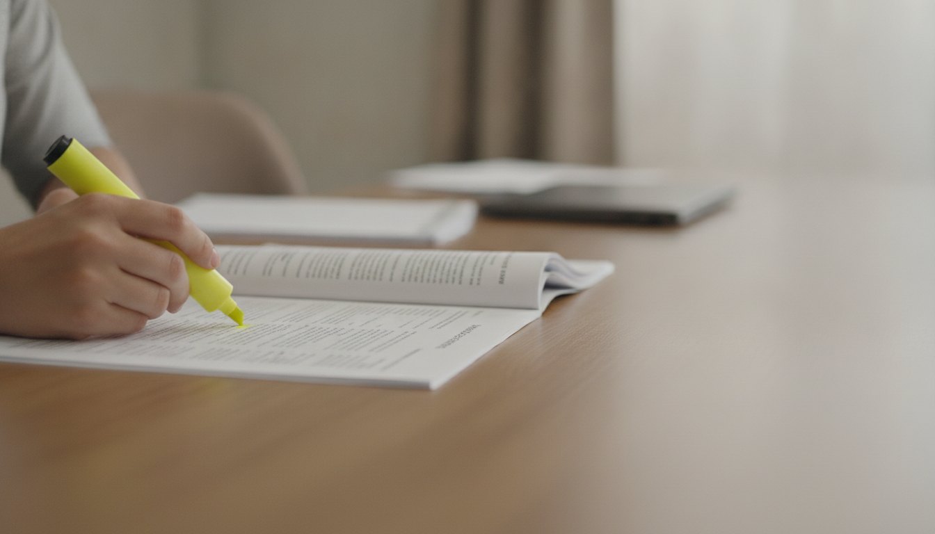Candidata sentada à mesa com um marcador de texto amarelo lendo um documento impresso.