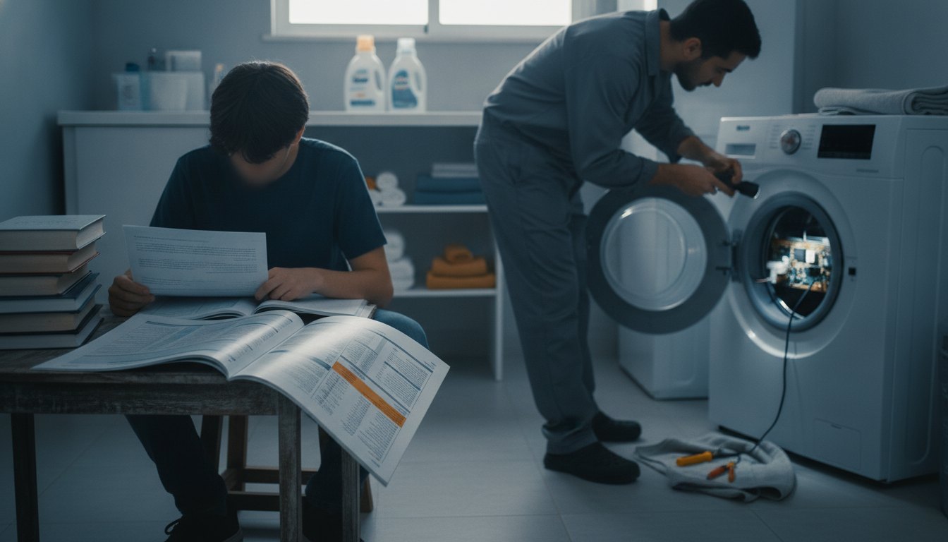 Estudante lendo apostilas enquanto um técnico avalia uma máquina de lavar na área de serviço.