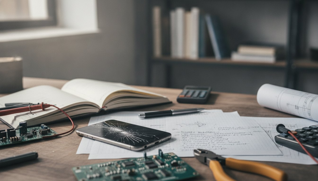 Smartphone com a tela rachada ao lado de cadernos e materiais de estudo sobre uma mesa.