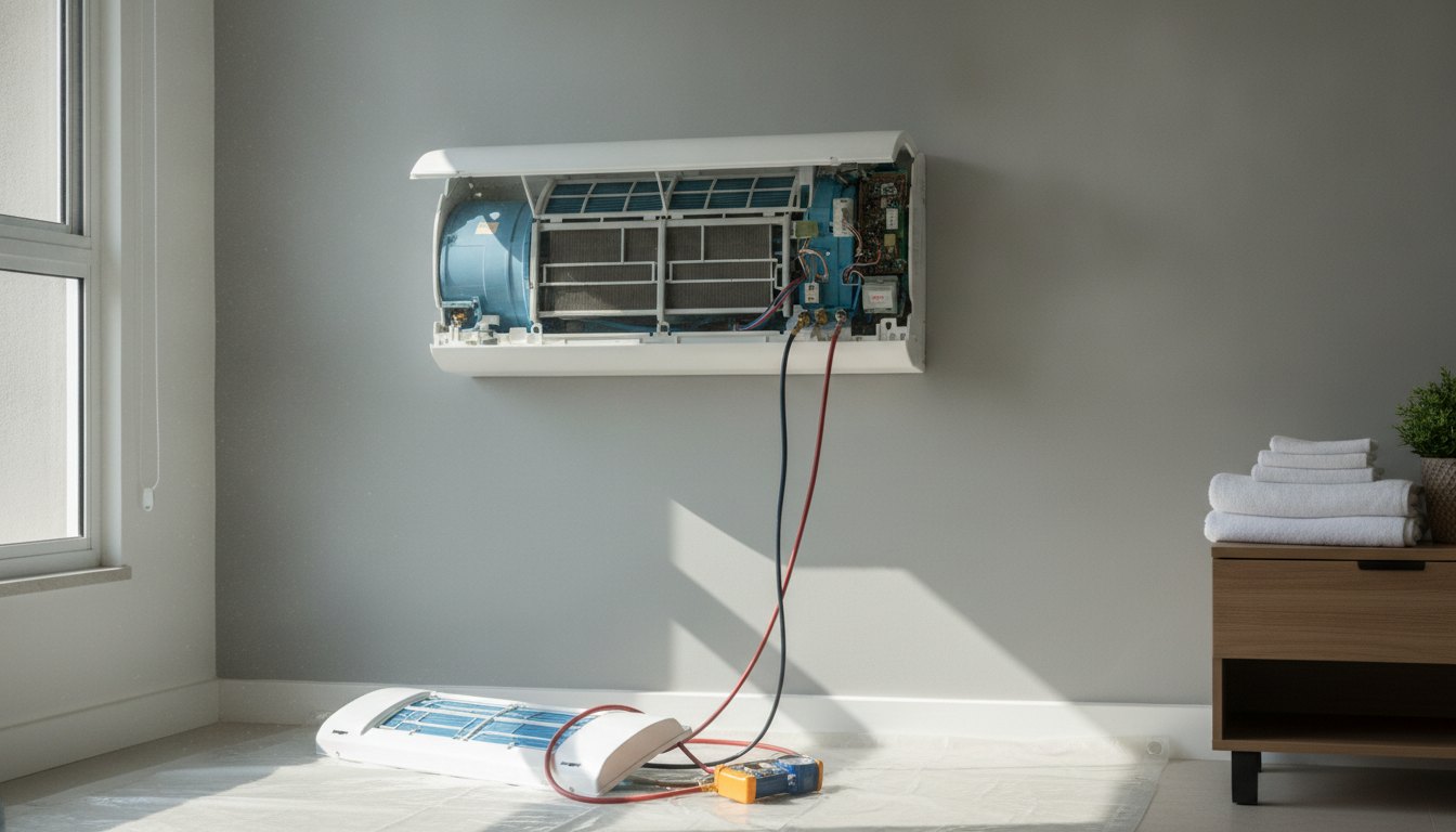 Técnico inspecionando o painel interno de um ar-condicionado de parede em um quarto.