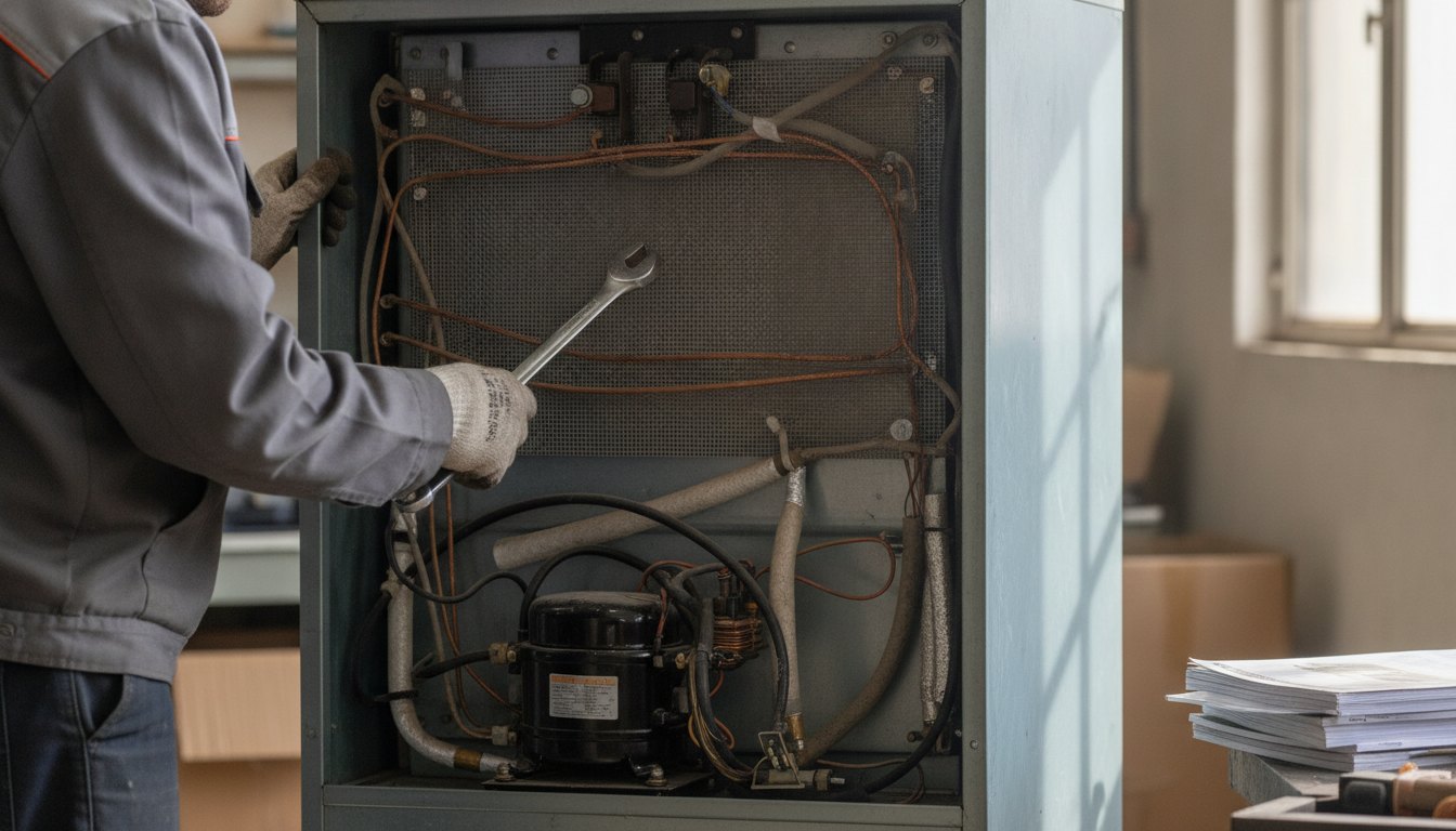 Homem observando a parte traseira de uma geladeira com uma ferramenta na mão