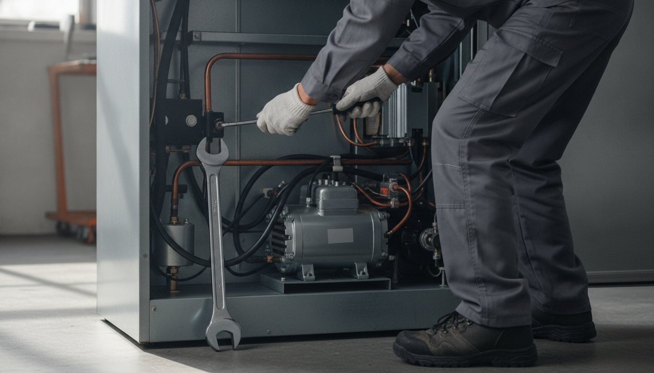 Homem de uniforme utilizando ferramentas para ajustar o motor na parte traseira de um refrigerador.
