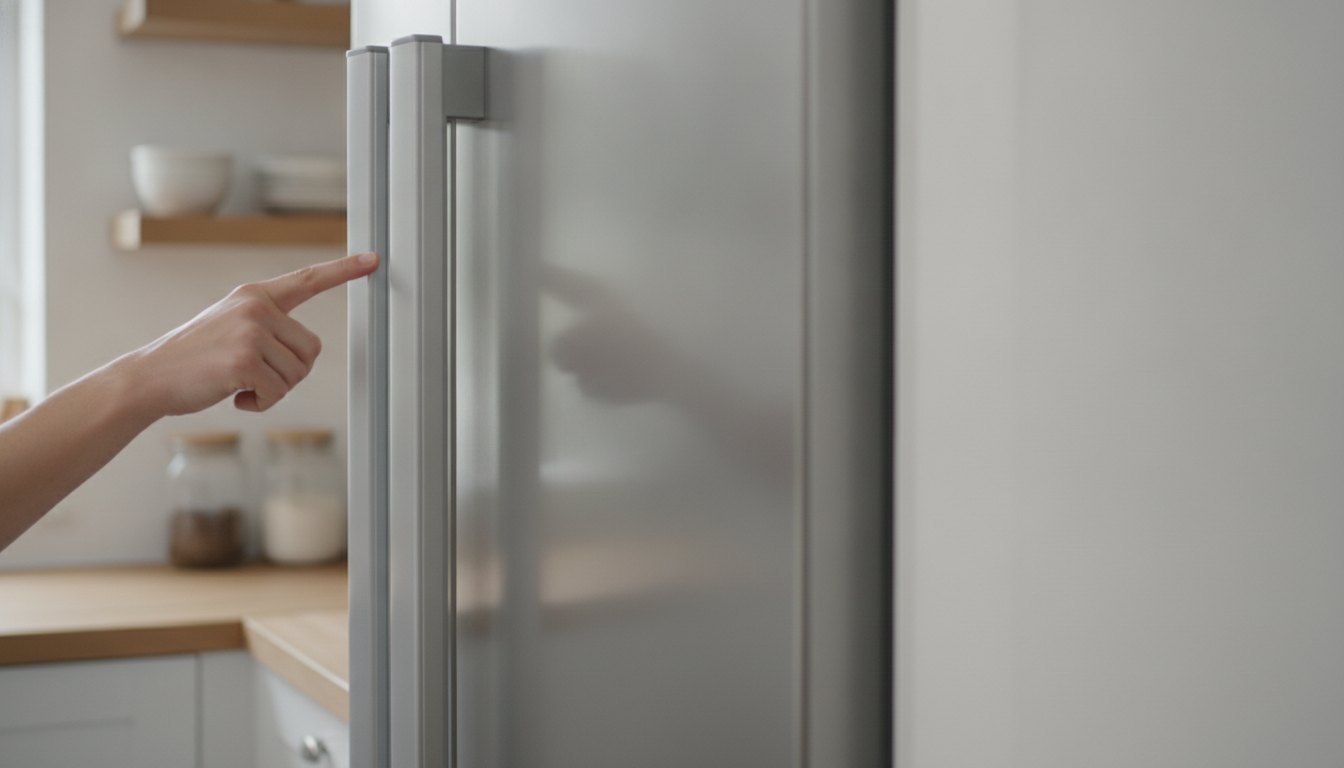 Homem verificando a borracha da porta de uma geladeira com expressão atenta na cozinha.