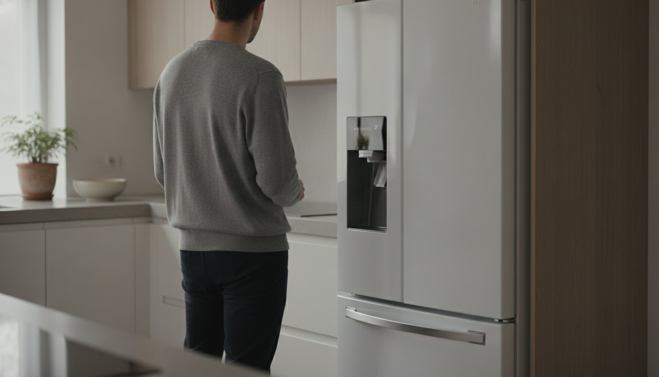 Pessoa observando o painel apagado de um refrigerador na cozinha de casa.