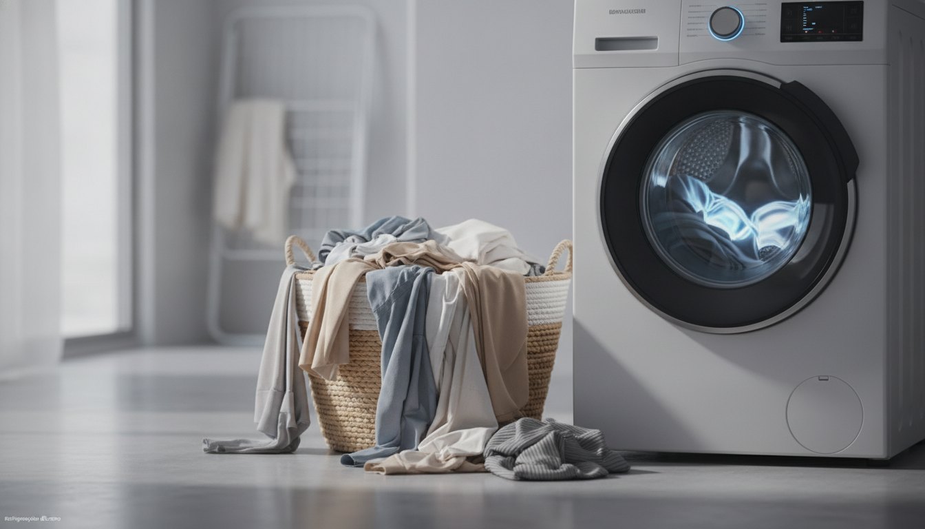 Máquina de lavar roupas com painel digital aceso ao lado de roupas acumuladas em um cesto.