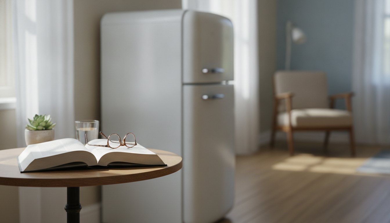 Estudante lendo um livro em uma pequena mesa ao lado de um refrigerador branco.