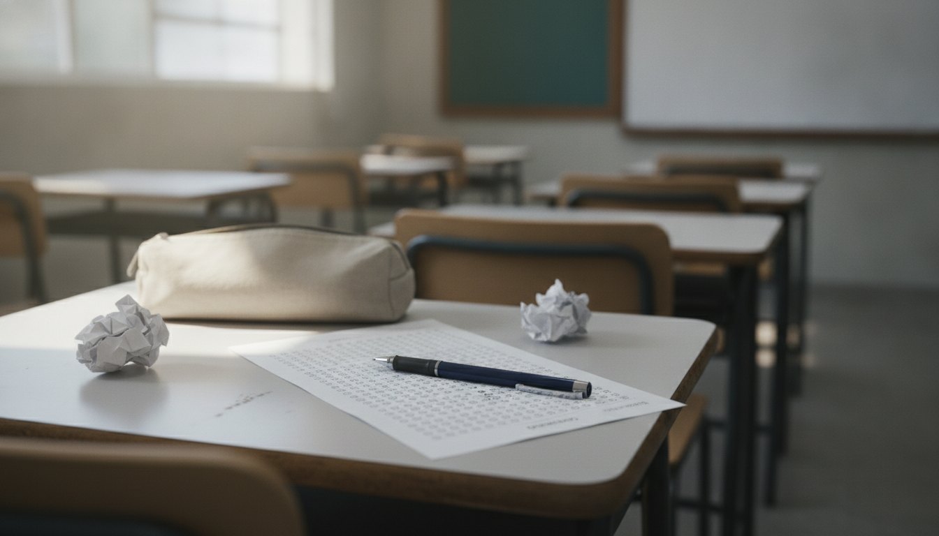 Candidato preenchendo o gabarito de uma prova em uma sala de aula