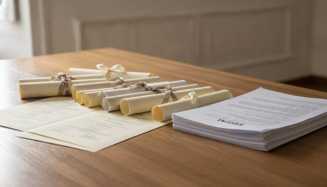 Candidato organizando diplomas e certificados sobre uma mesa de madeira ao lado de um edital impresso.