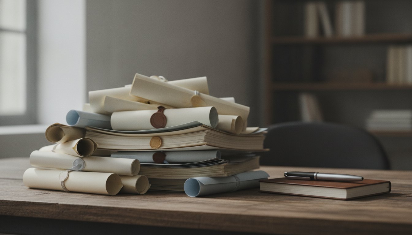 Pilha de diplomas e certificados acadêmicos sobre uma mesa de madeira ao lado de uma caneta.