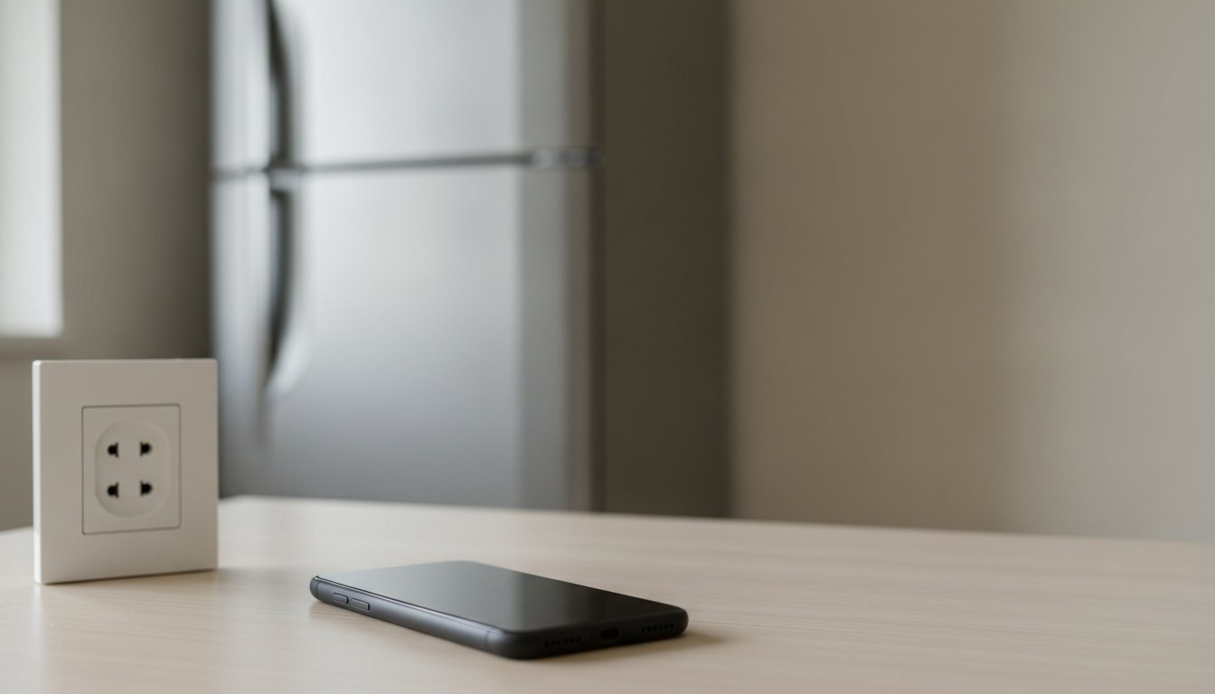 Smartphone com tela apagada ao lado de uma tomada e um refrigerador desligado ao fundo