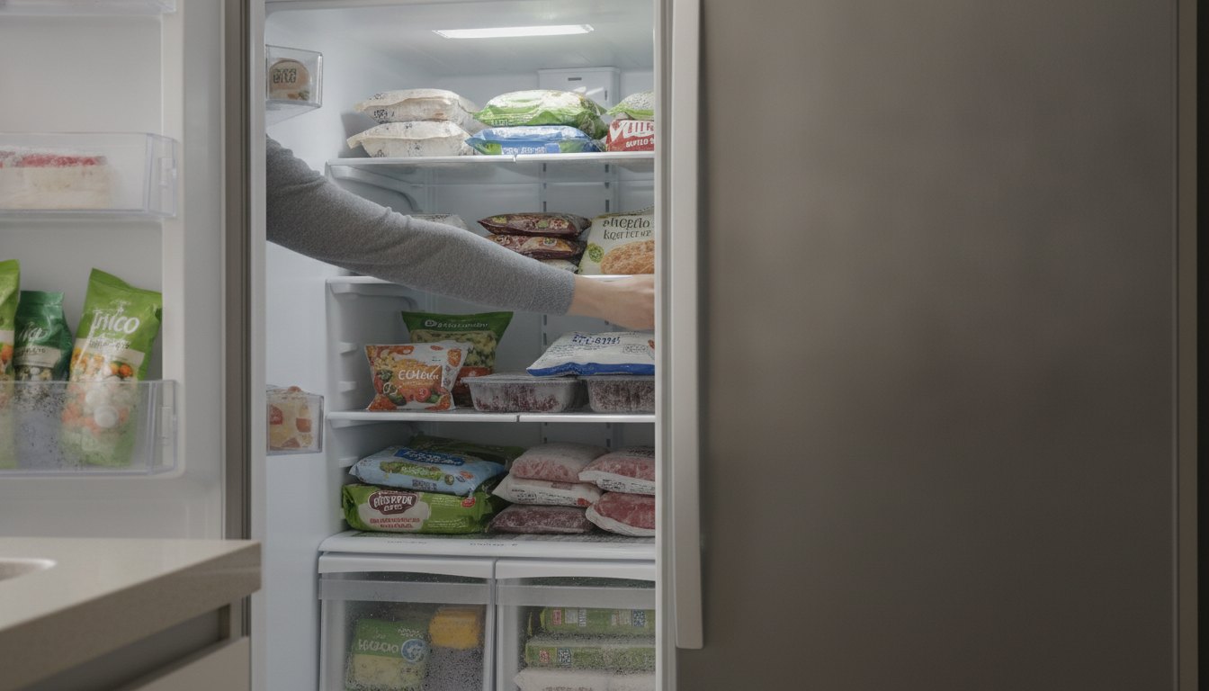 Pessoa inspecionando o interior de uma geladeira com alimentos congelados nas prateleiras.