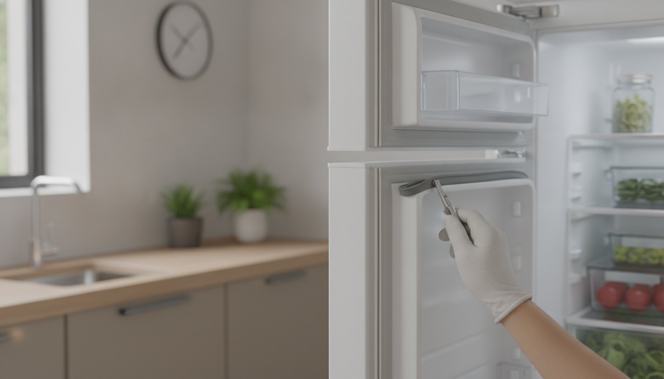 Pessoa inspecionando a borracha de vedação da porta de um refrigerador branco em uma cozinha.