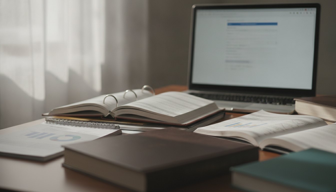 Candidato preenchendo formulário online em um computador com apostilas de estudo ao lado.