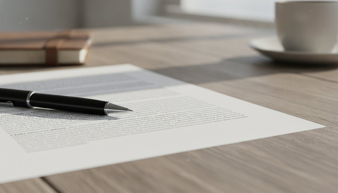 Documento impresso sobre mesa de madeira com uma caneta preta apontando para um parágrafo específico.