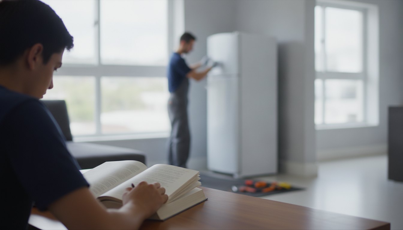 Estudante focado lendo um livro na mesa enquanto um técnico examina o refrigerador ao fundo.