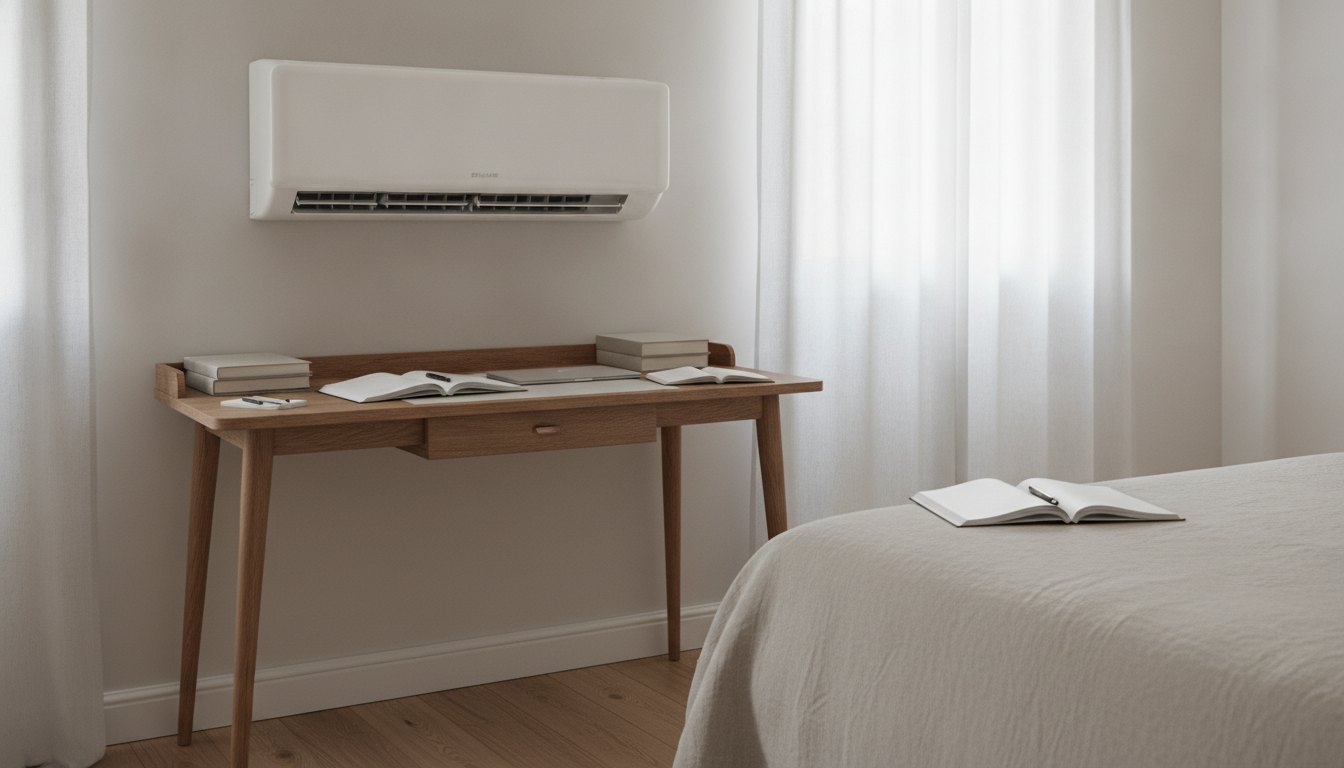Aparelho de ar-condicionado de parede branco instalado em um quarto com mesa de estudos e cadernos.