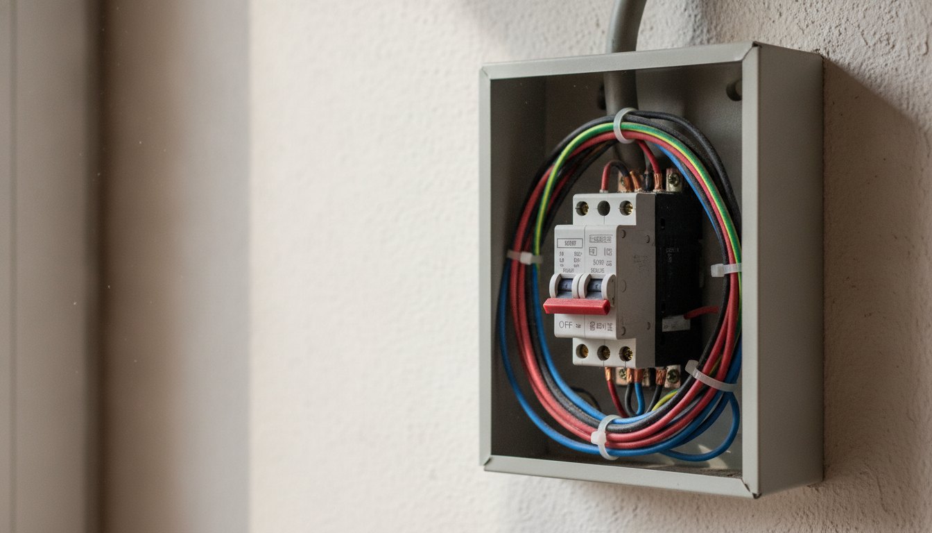 Disjuntor desarmado em um quadro de energia residencial com cabos elétricos ao redor.