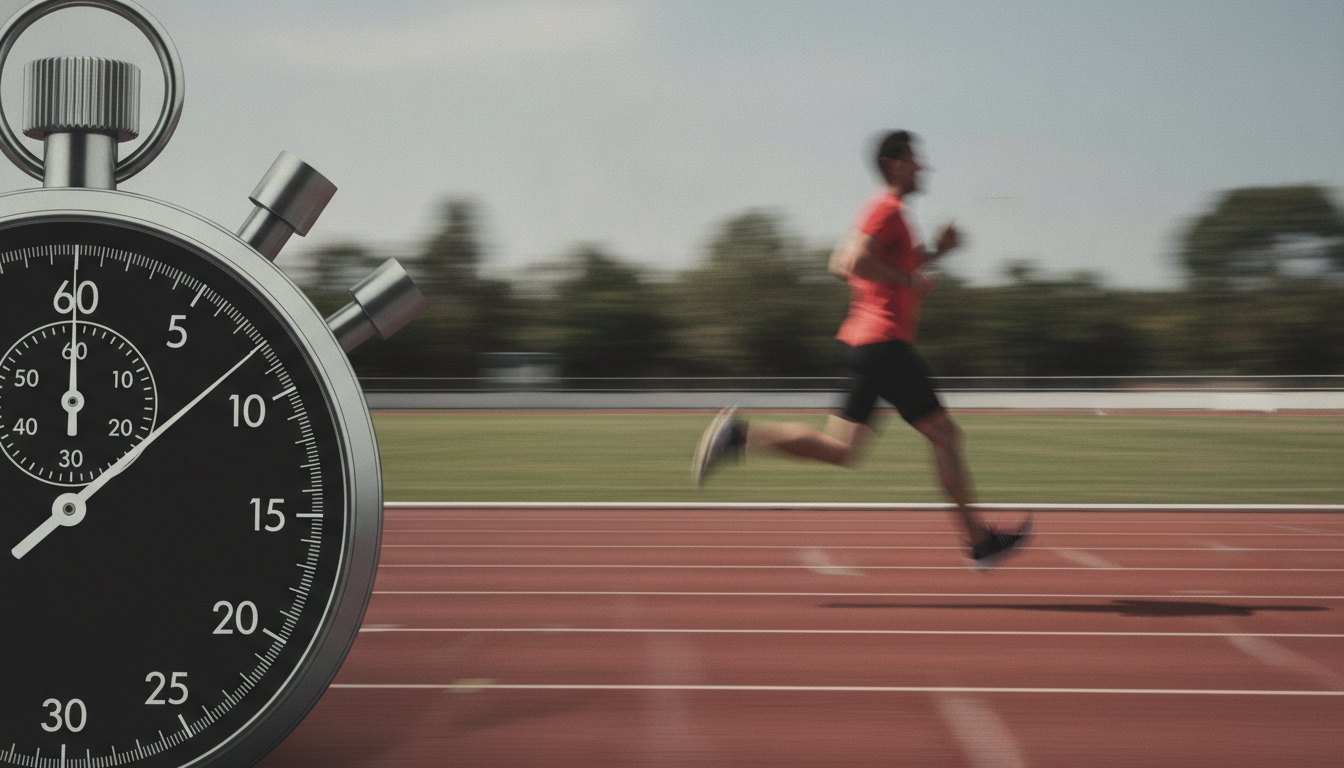 Candidato correndo em uma pista de atletismo com um cronômetro visível na lateral