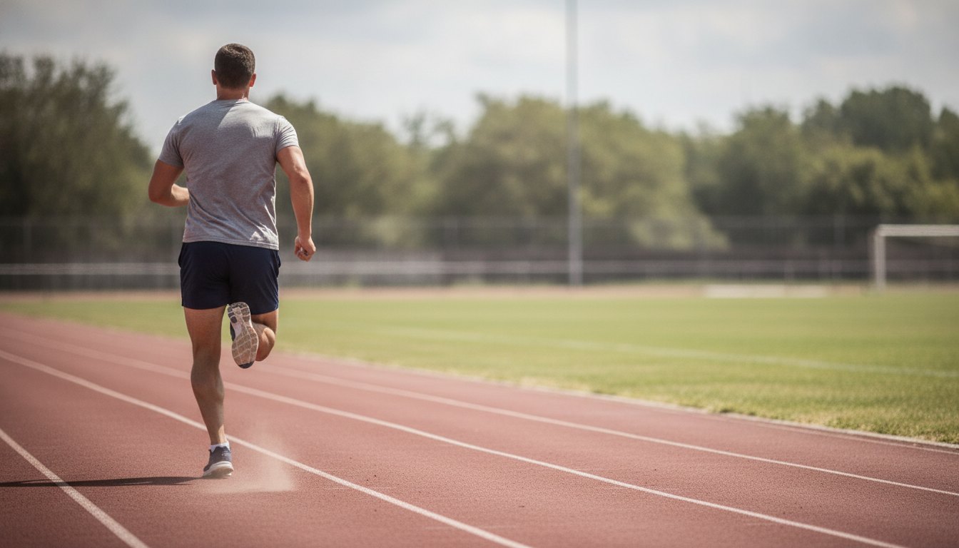 Candidato correndo em pista de atletismo durante avaliação prática de concurso público militar.