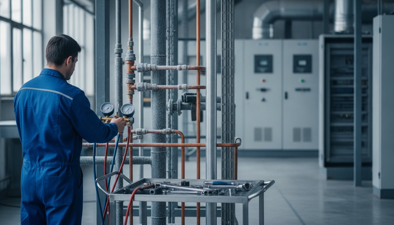Técnico especializado utilizando manômetro e ferramentas manuais para inspecionar tubulações de um equipamento de refrigeração.
