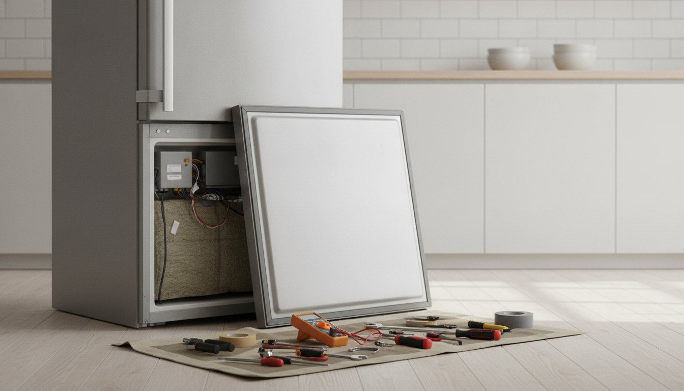 Cozinha doméstica com um refrigerador prateado parcialmente desmontado e ferramentas de manutenção organizadas no chão.